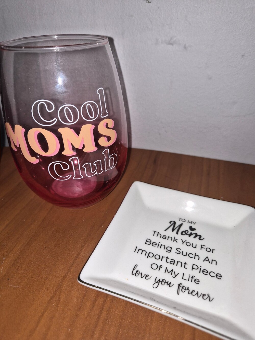 Cool Moms Club Pink Stemless Wine Glass & Trinket Jewelry Tray - Mom Gift